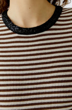 Sparkle Neck Brown Stripe Short Sleeve Jumper