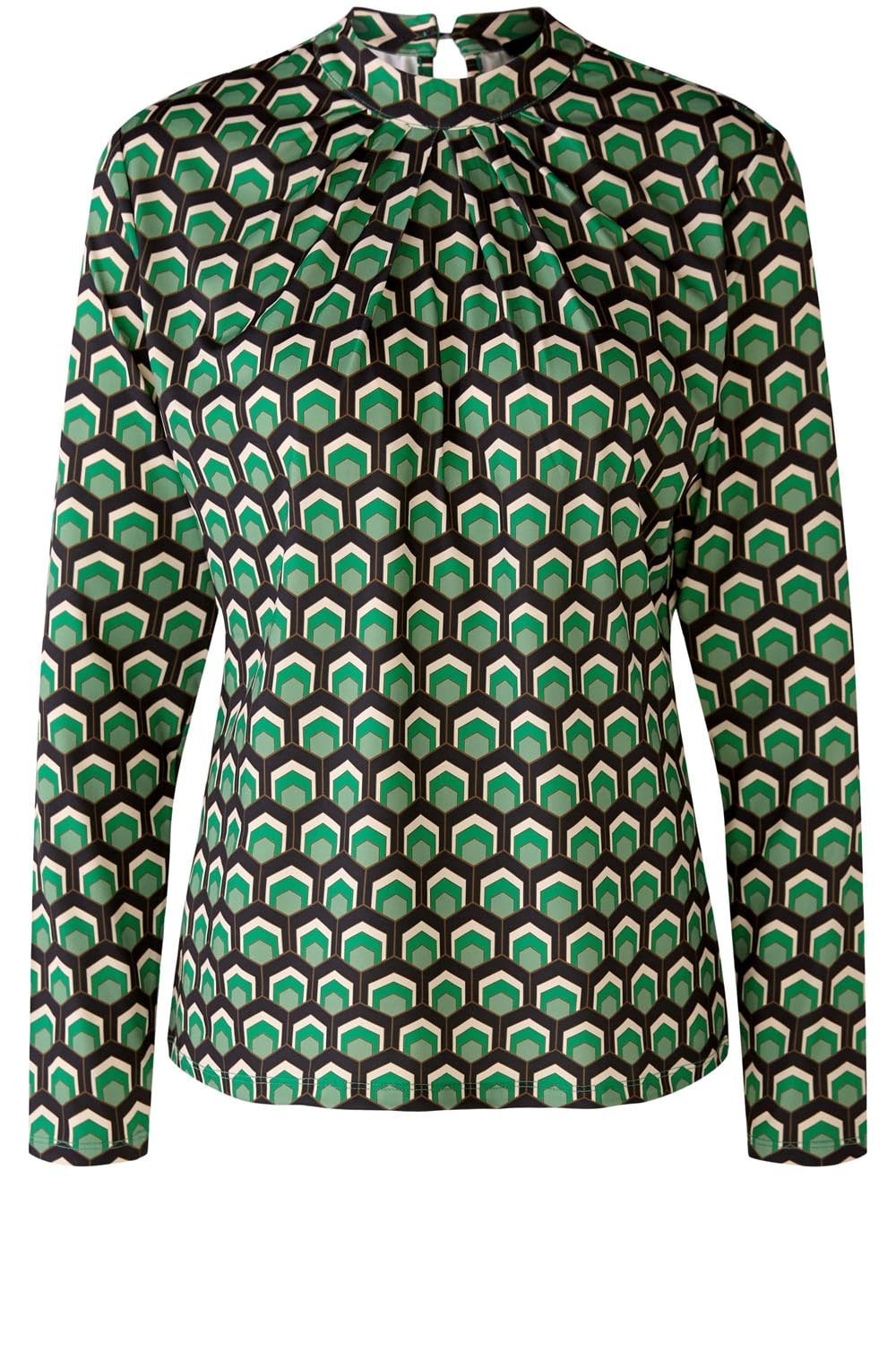 Steel Grey and Green Retro Print Jersey Blouse