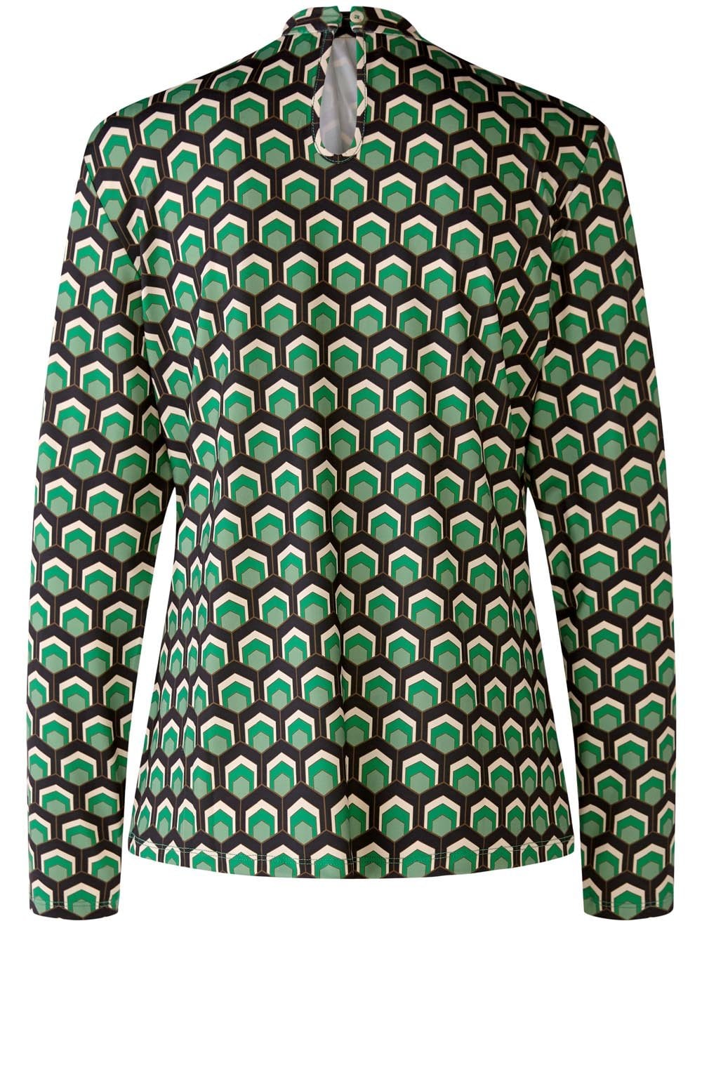 Steel Grey and Green Retro Print Jersey Blouse