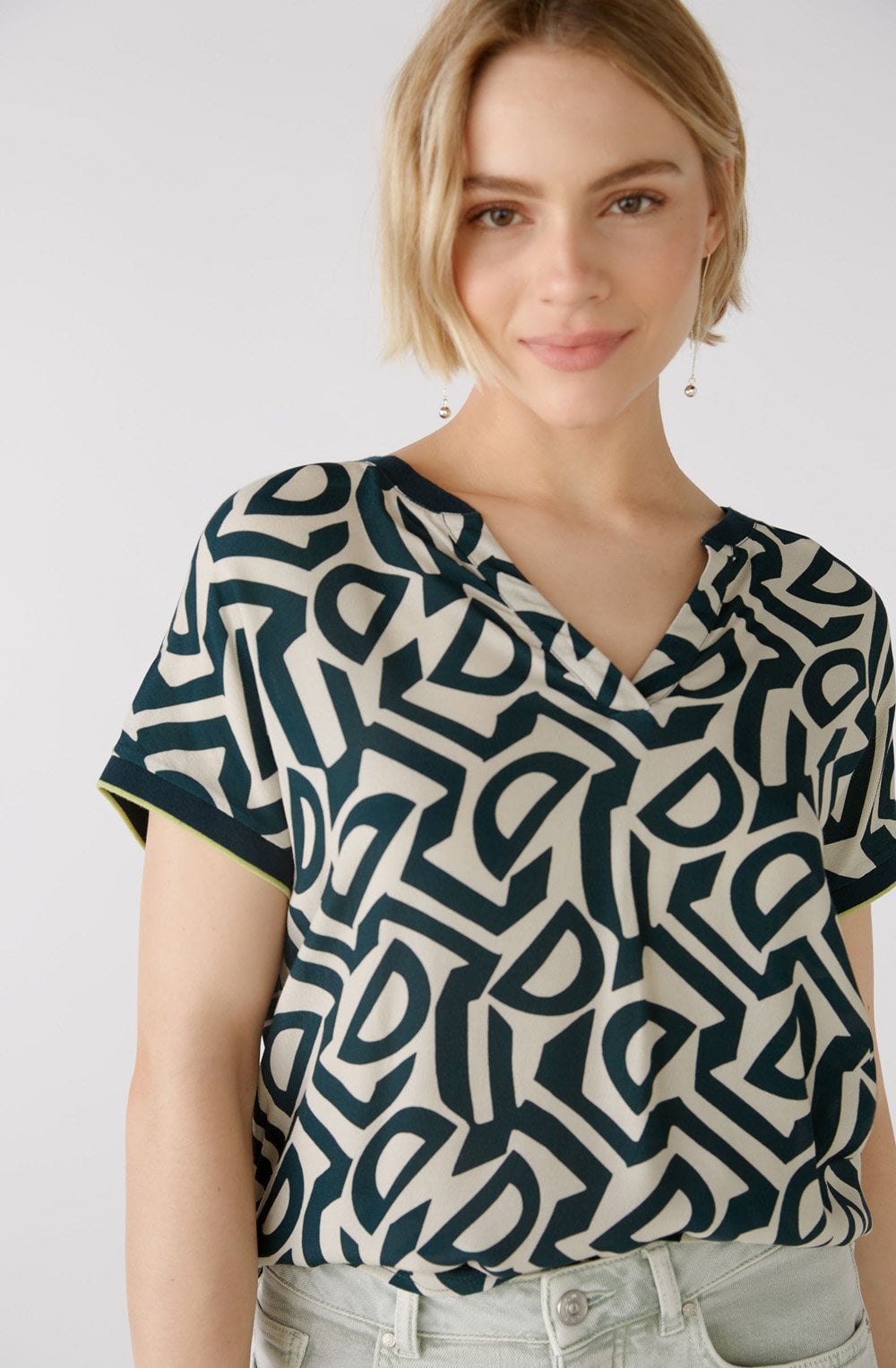 Stone Green Bold Print and Striped Blouse