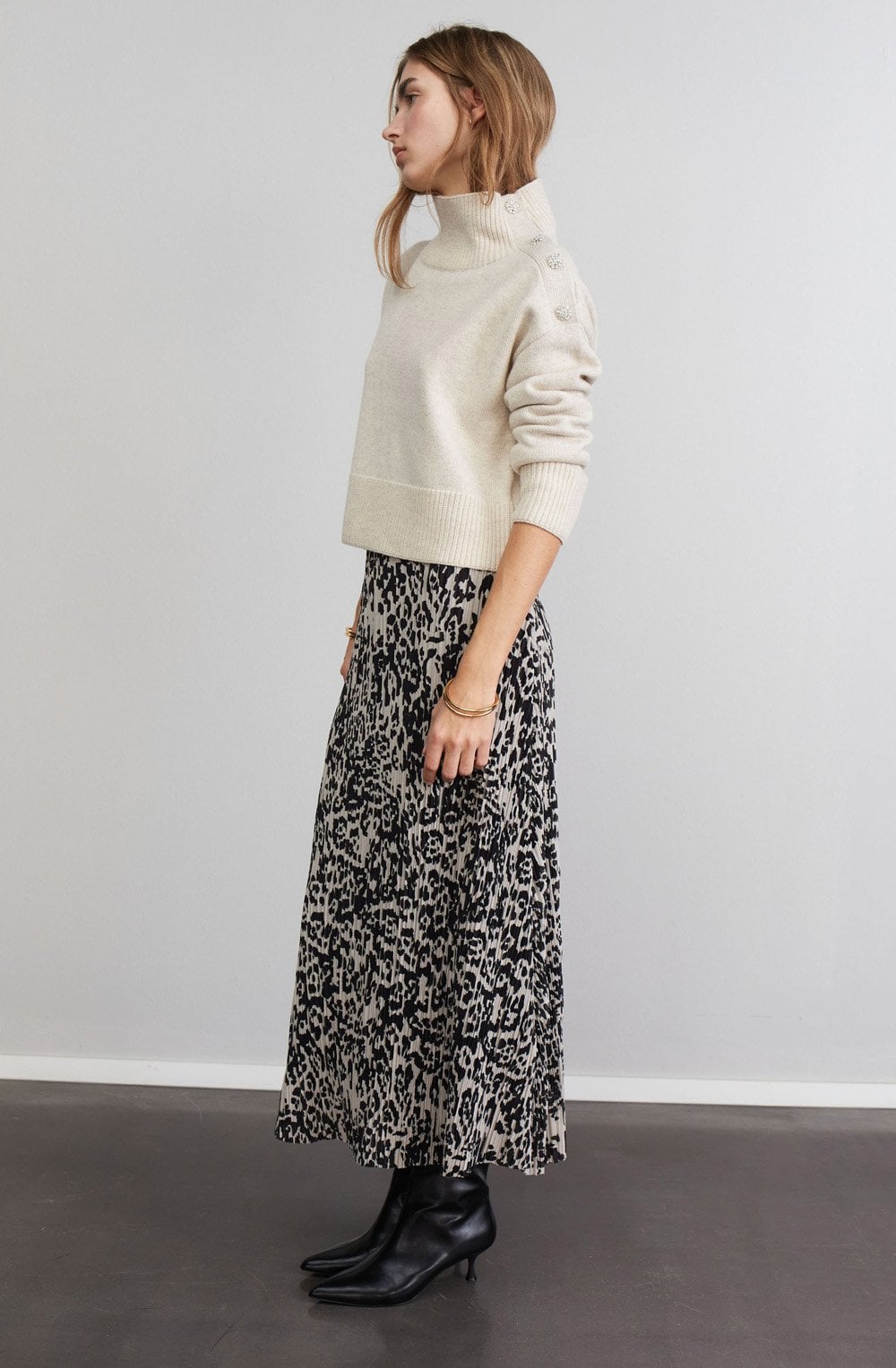 Stormy Taupe Crinkled Pleat Midi Skirt