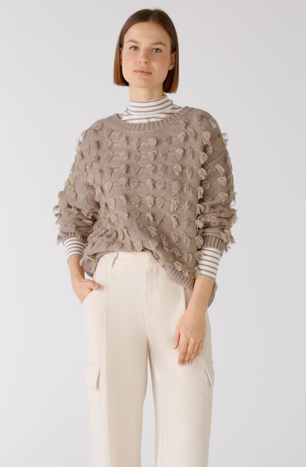 Taupe Melange Fringe Detail Jumper