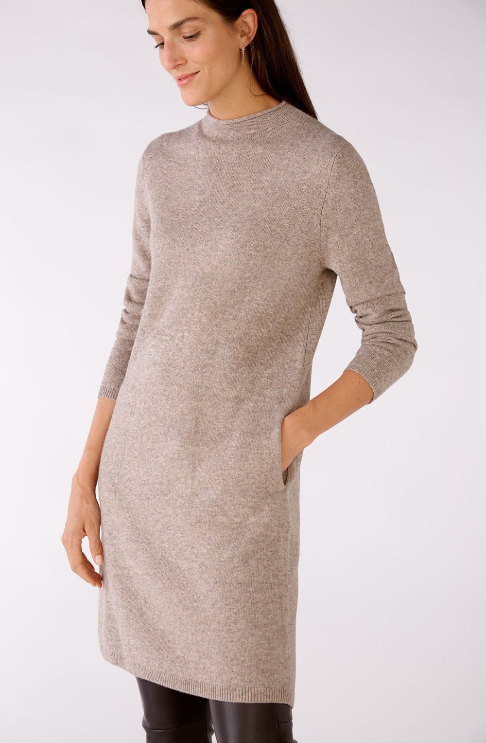 Taupe Melange High Neck Jumper Dress