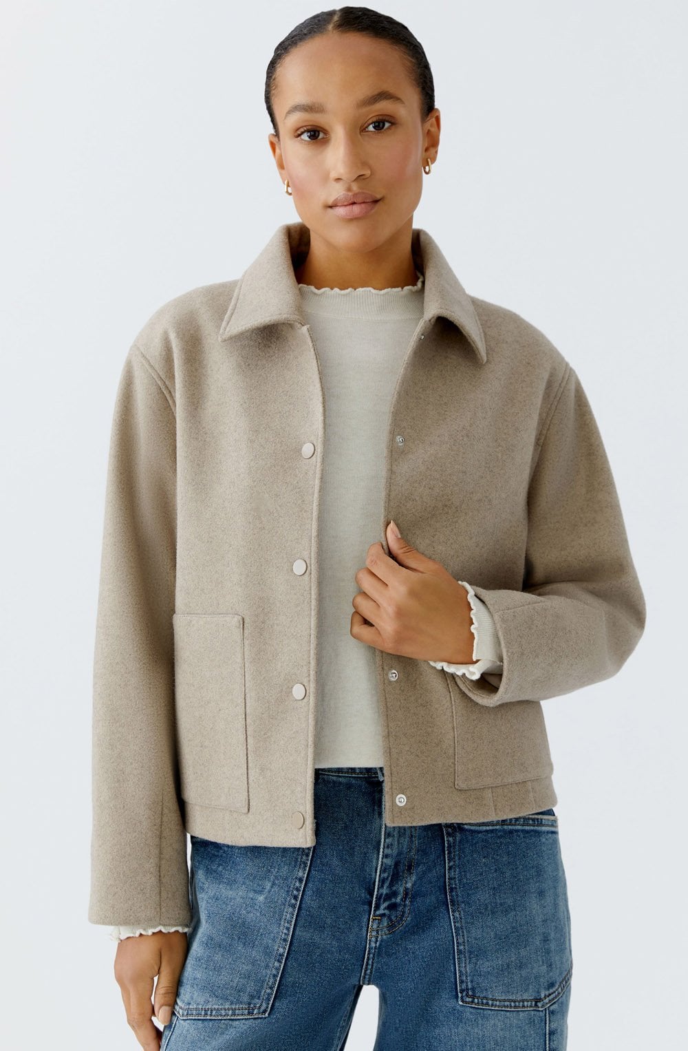 Taupe O Shape Woollen Effect Jacket