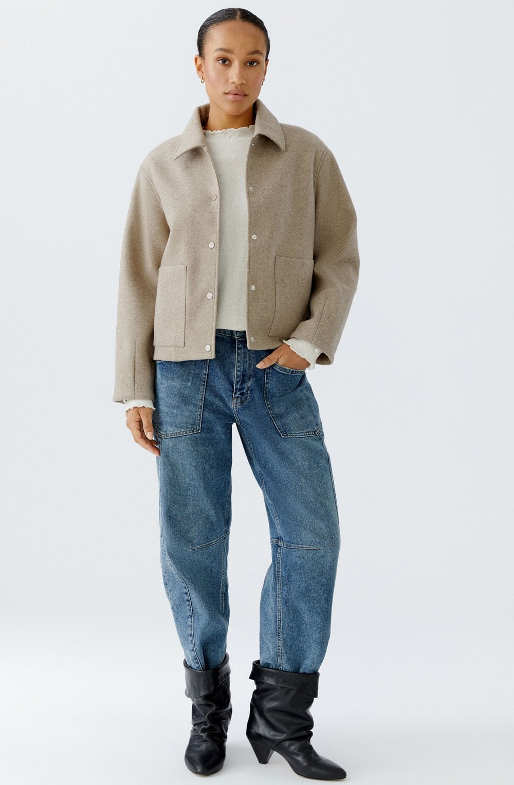 Taupe O Shape Woollen Effect Jacket