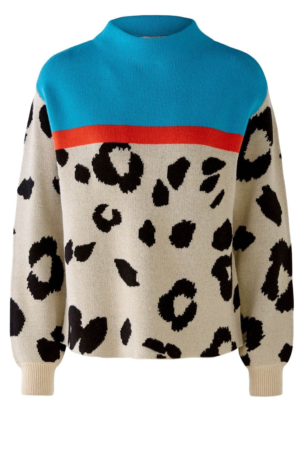 Turquoise and Animal Print Funnel Jumper