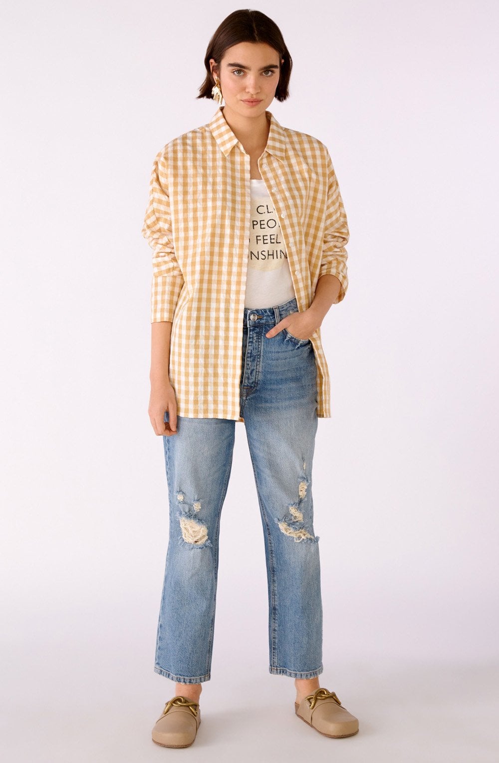 White and Beige Checked Shirt