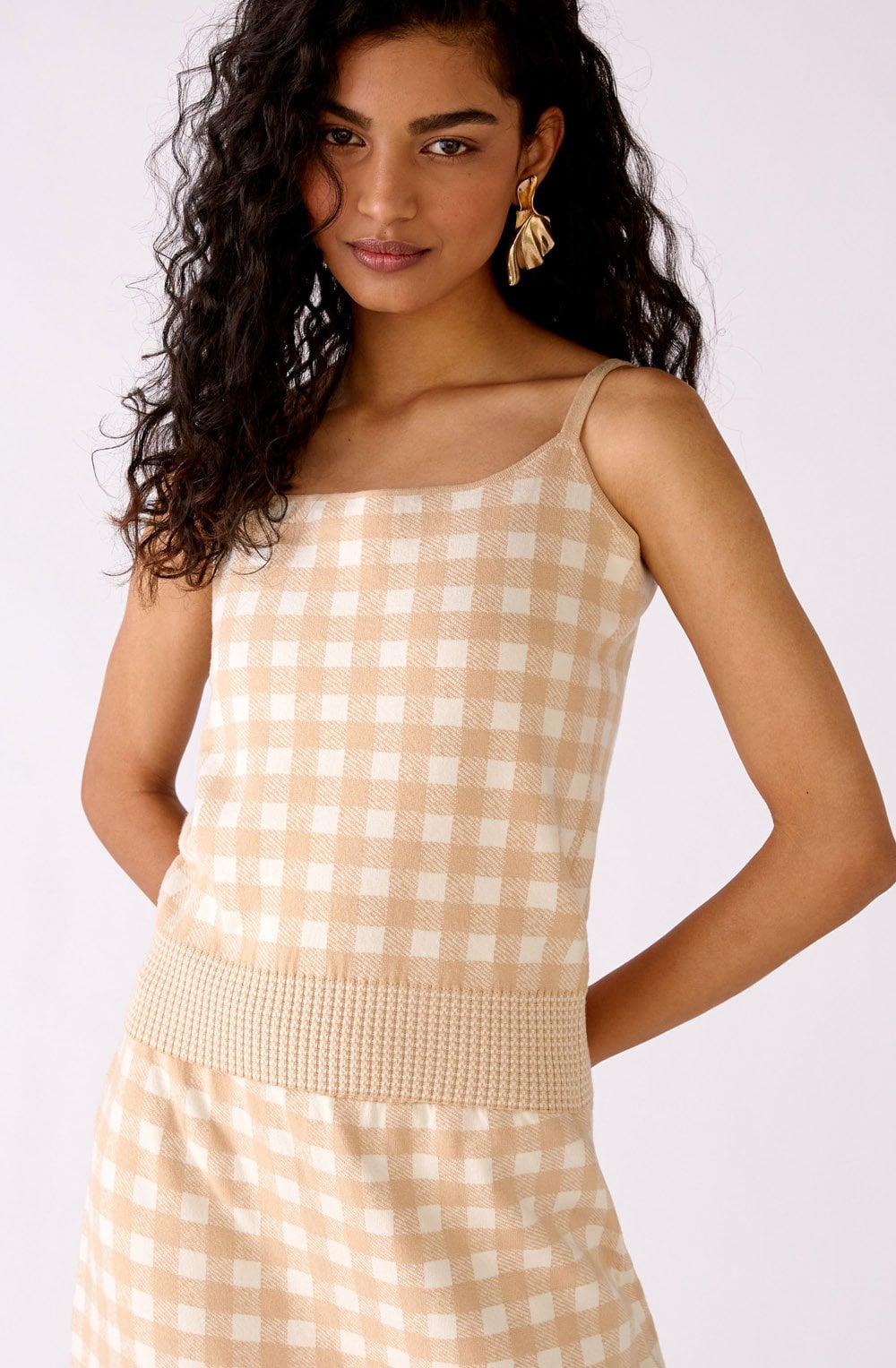 White and Beige Checked Tank Top