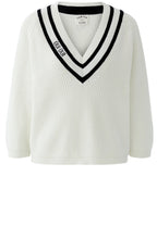 White and Black Statement V Neck Jumper
