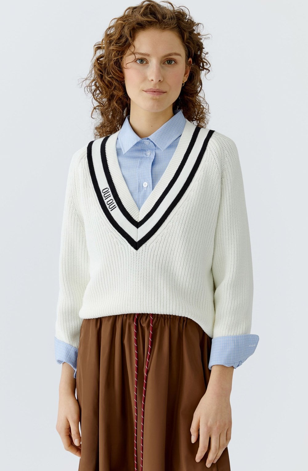 White and Black Statement V Neck Jumper