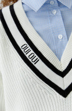 White and Black Statement V Neck Jumper