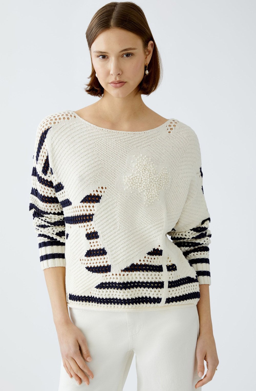 White and Blue Contrast Knit Floral Jumper