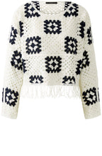 White and Blue Crocheted Pullover