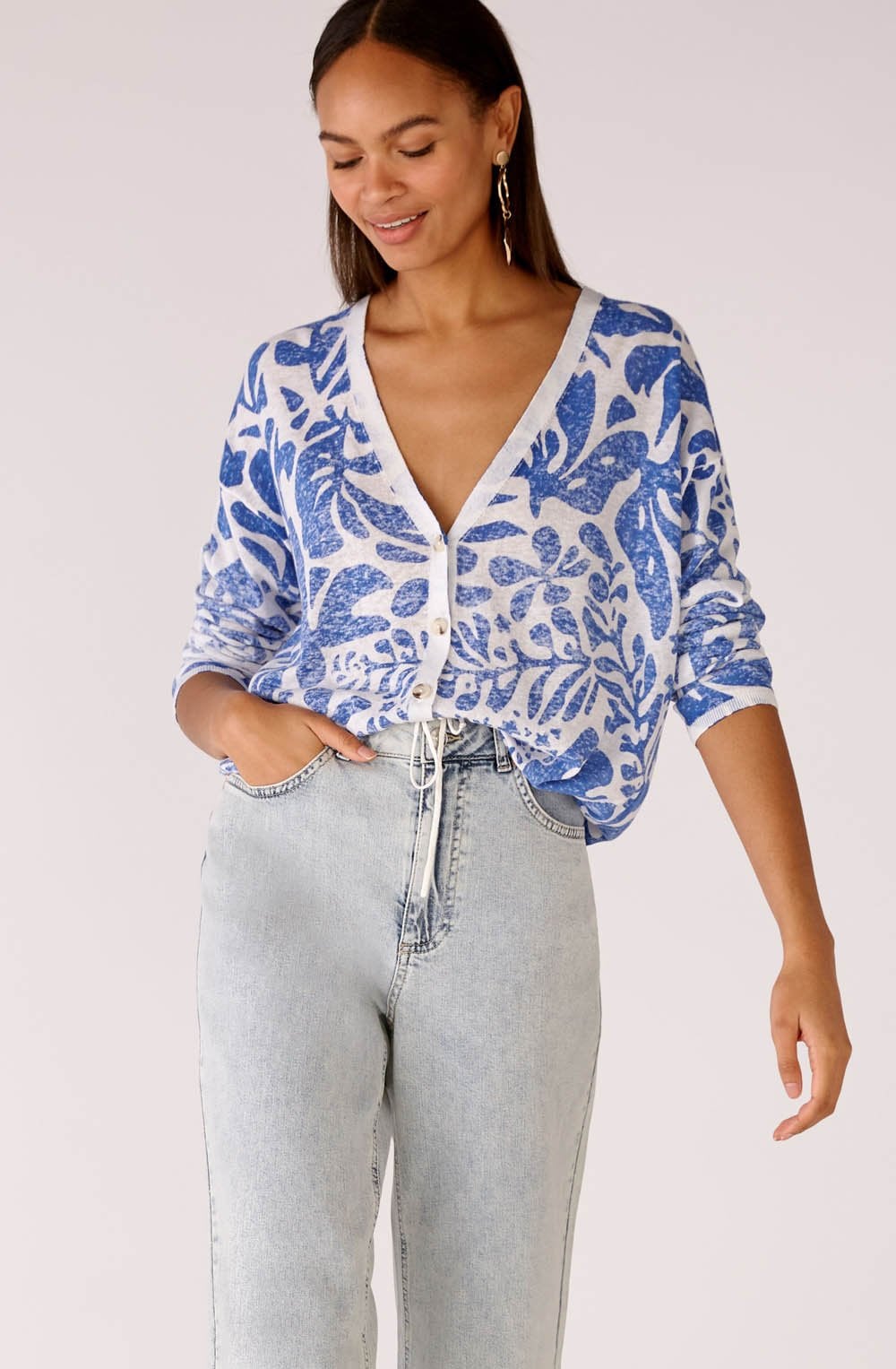 White and Blue Faded Pattern Cardigan