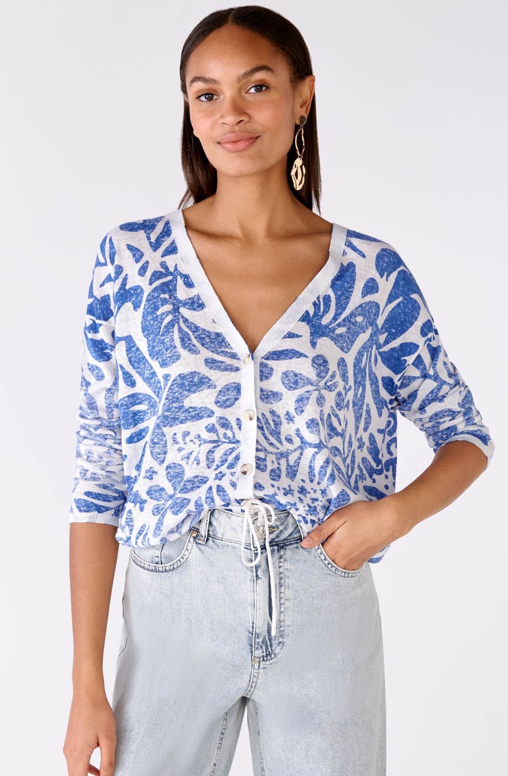 White and Blue Faded Pattern Cardigan