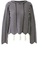 White and Blue Geometric Tasselled Jumper
