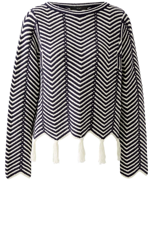 White and Blue Geometric Tasselled Jumper