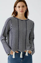 White and Blue Geometric Tasselled Jumper