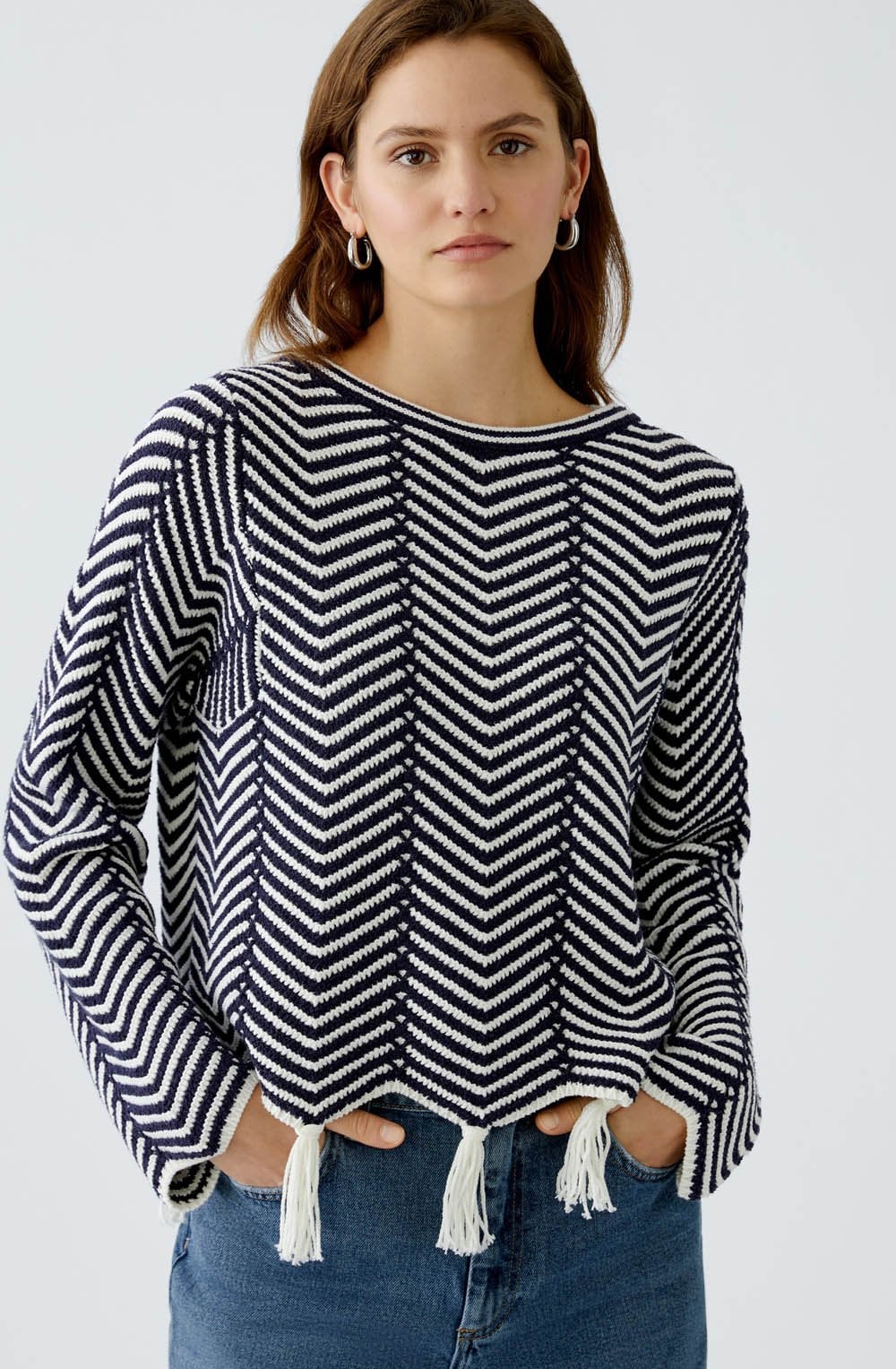 White and Blue Geometric Tasselled Jumper