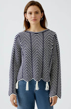 White and Blue Geometric Tasselled Jumper