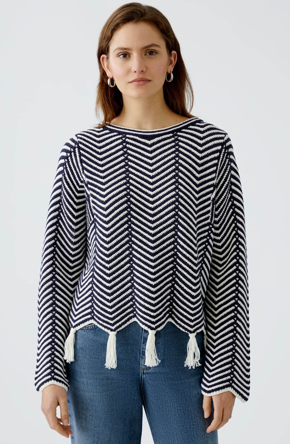 White and Blue Geometric Tasselled Jumper