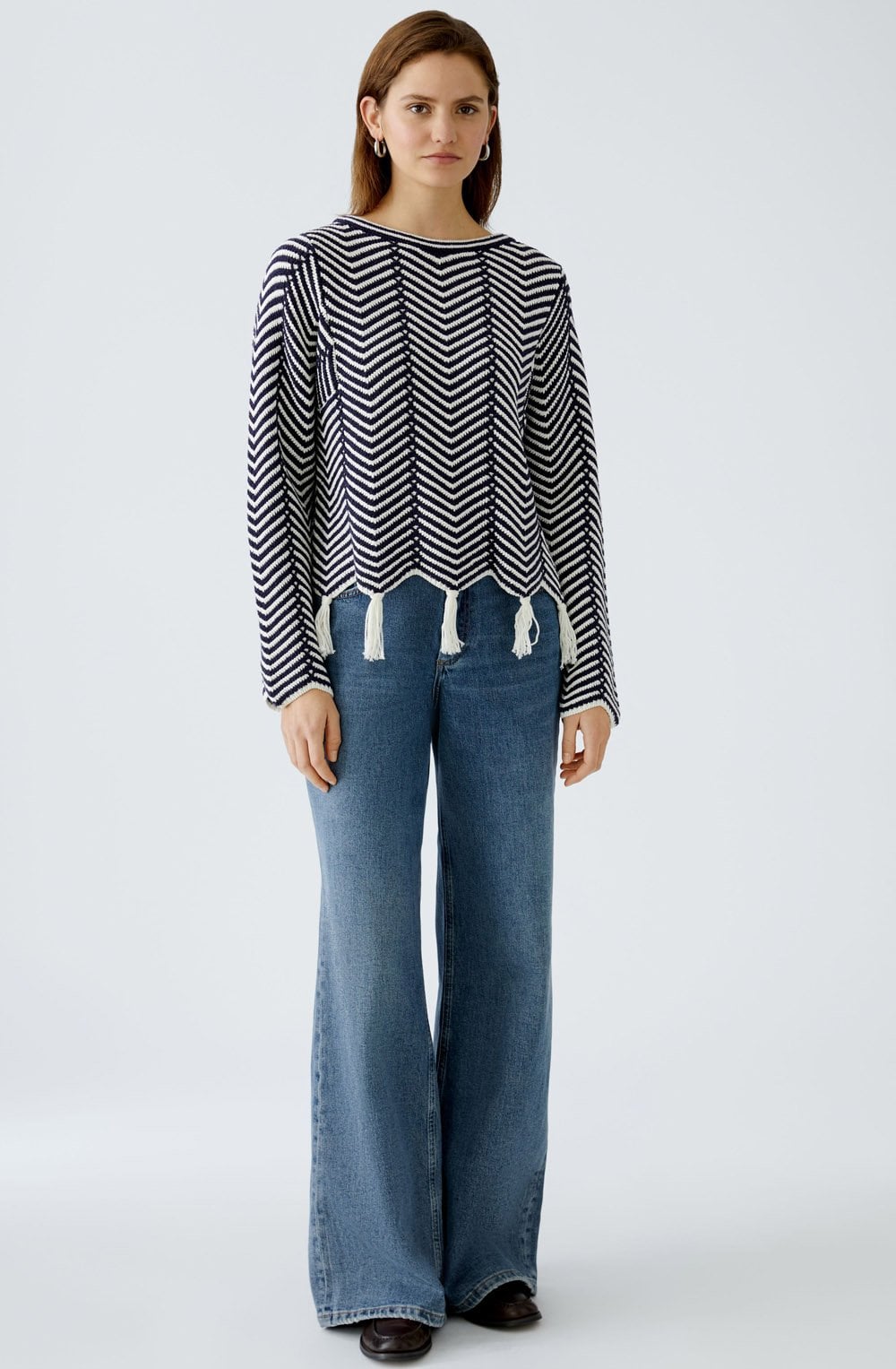 White and Blue Geometric Tasselled Jumper