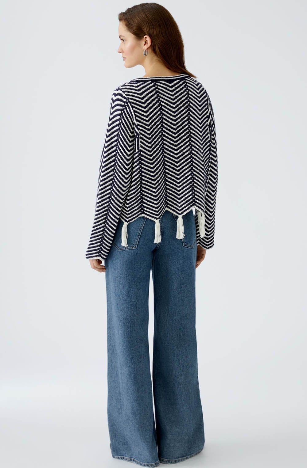 White and Blue Geometric Tasselled Jumper