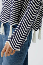 White and Blue Geometric Tasselled Jumper