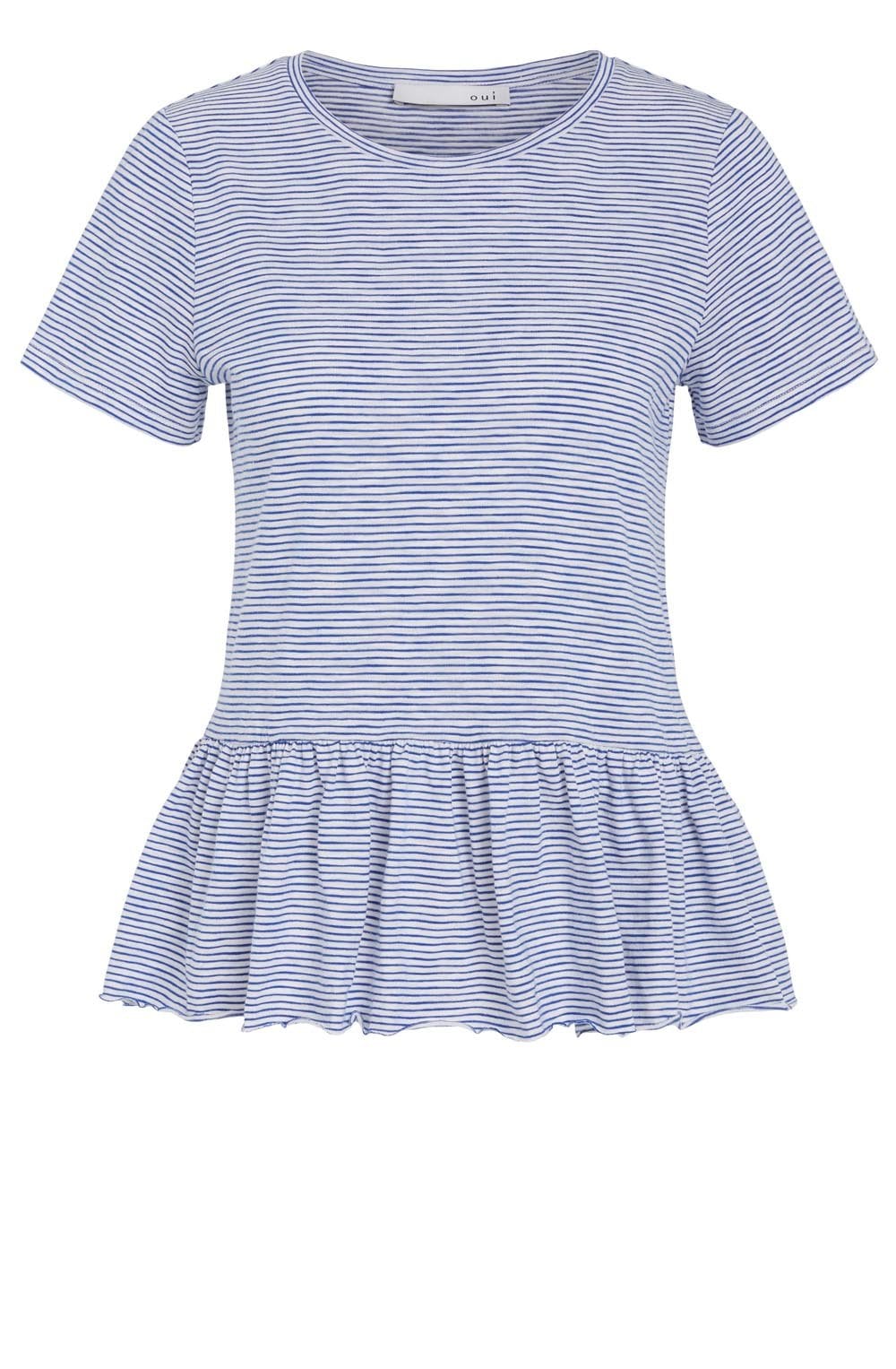 White and Blue Ruffle T Shirt