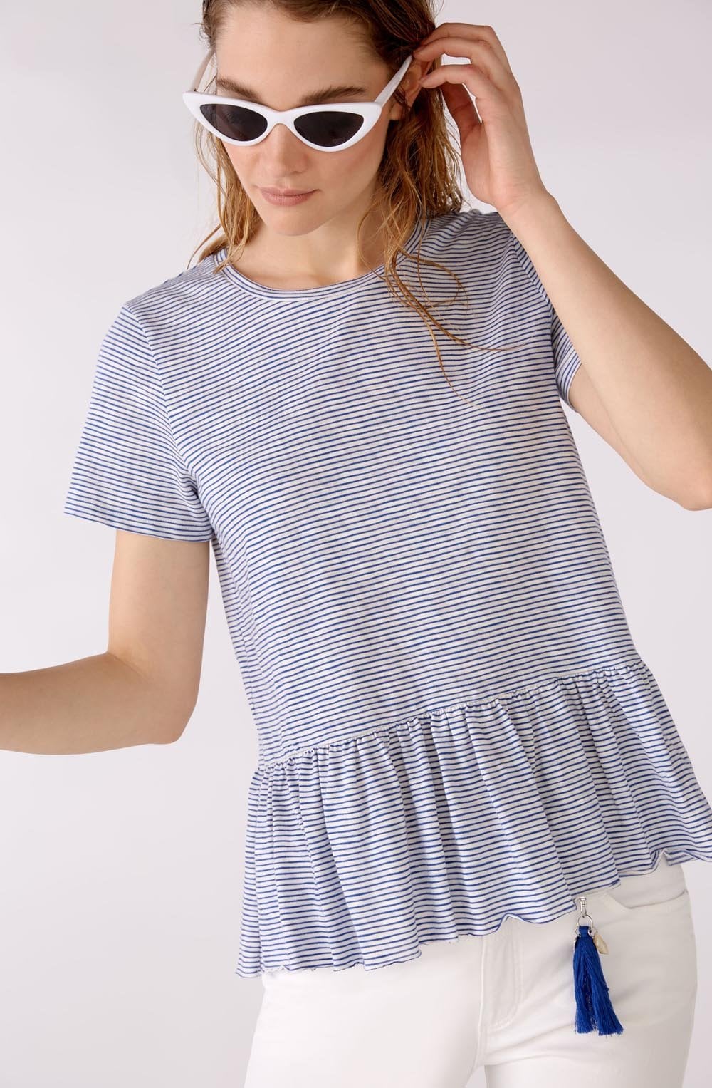 White and Blue Ruffle T Shirt
