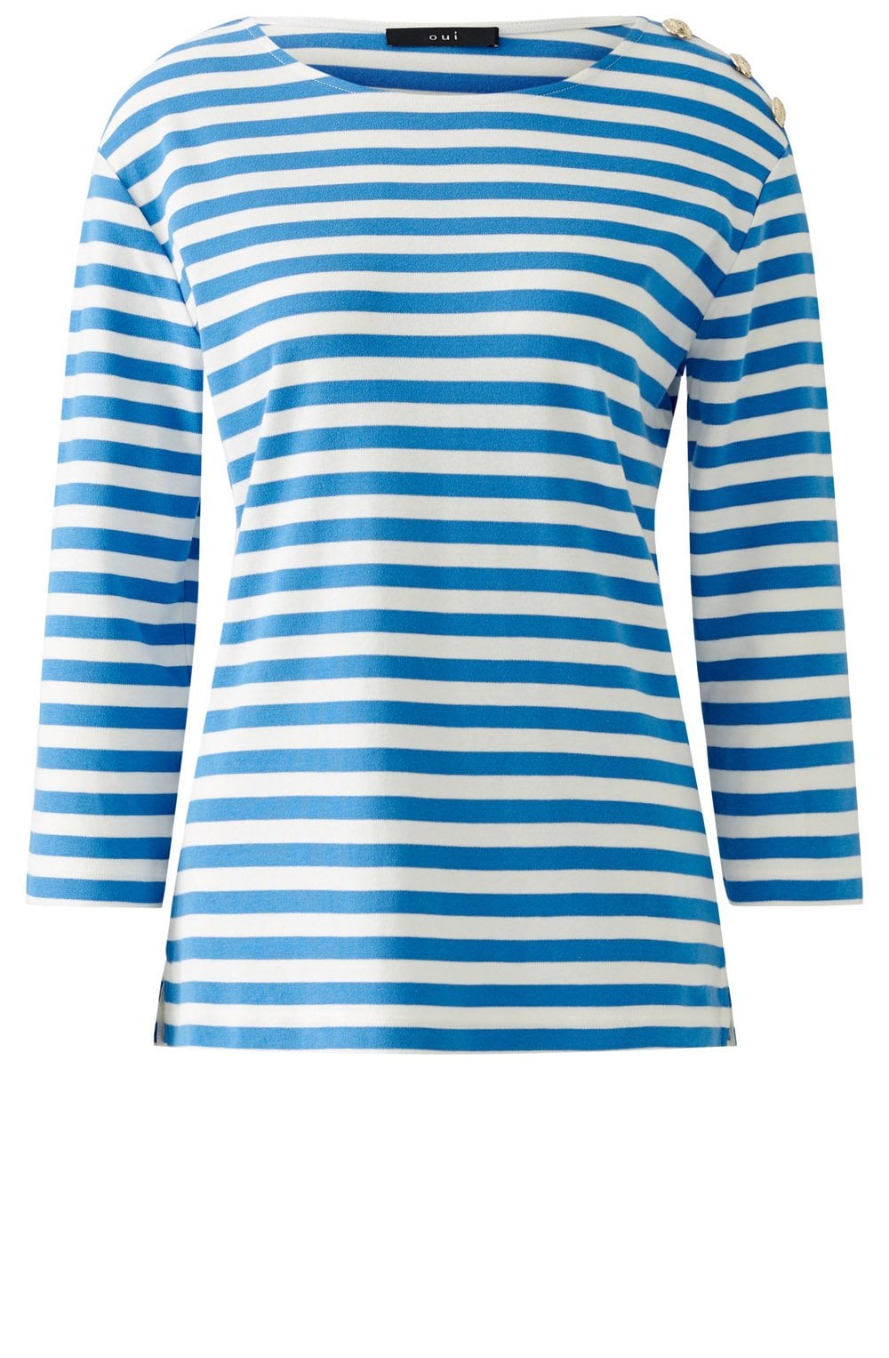 White and Blue Striped Top with Gold Button Details