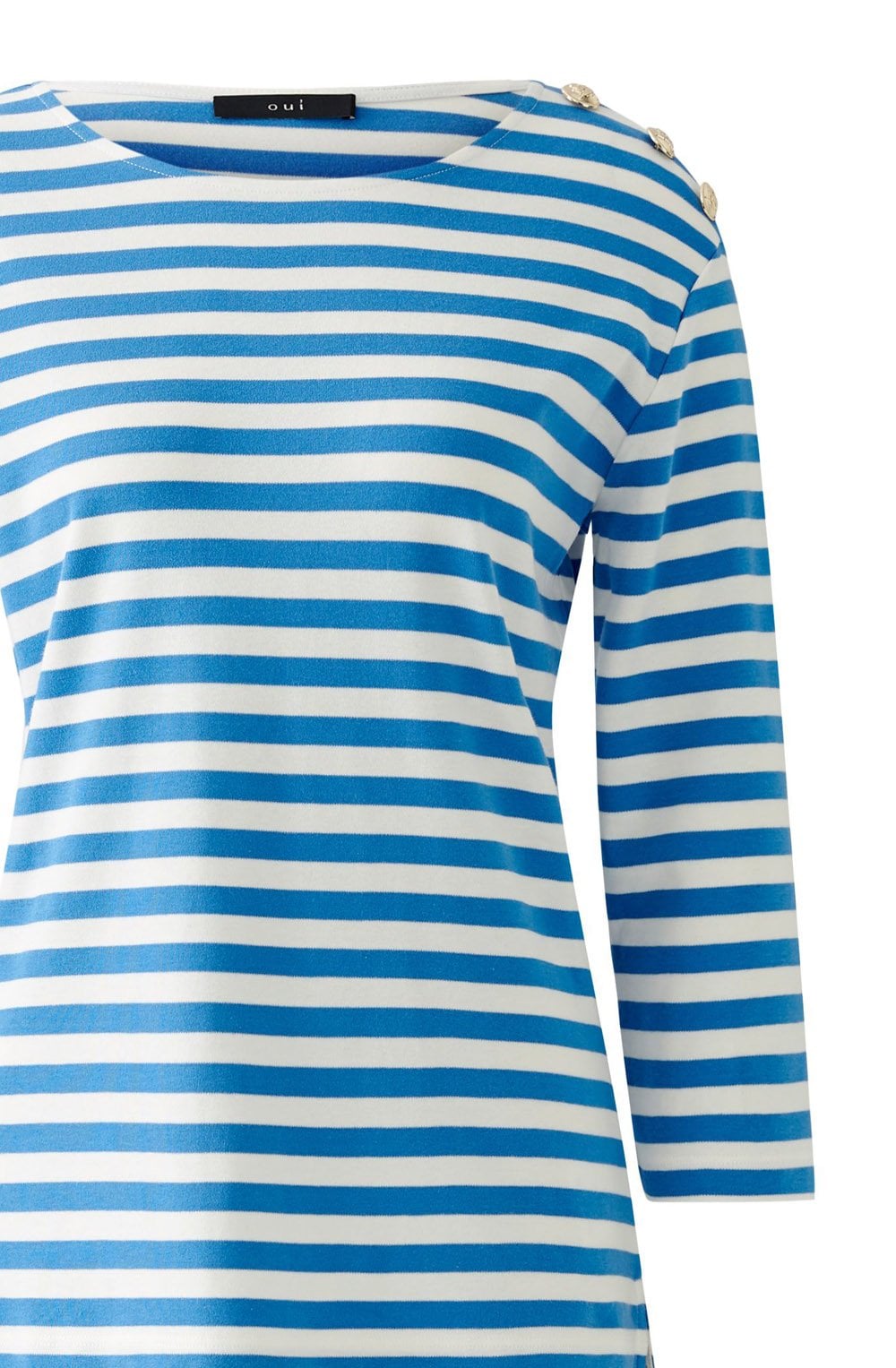 White and Blue Striped Top with Gold Button Details