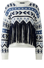 White and Blue Tasselled Motif Jumper