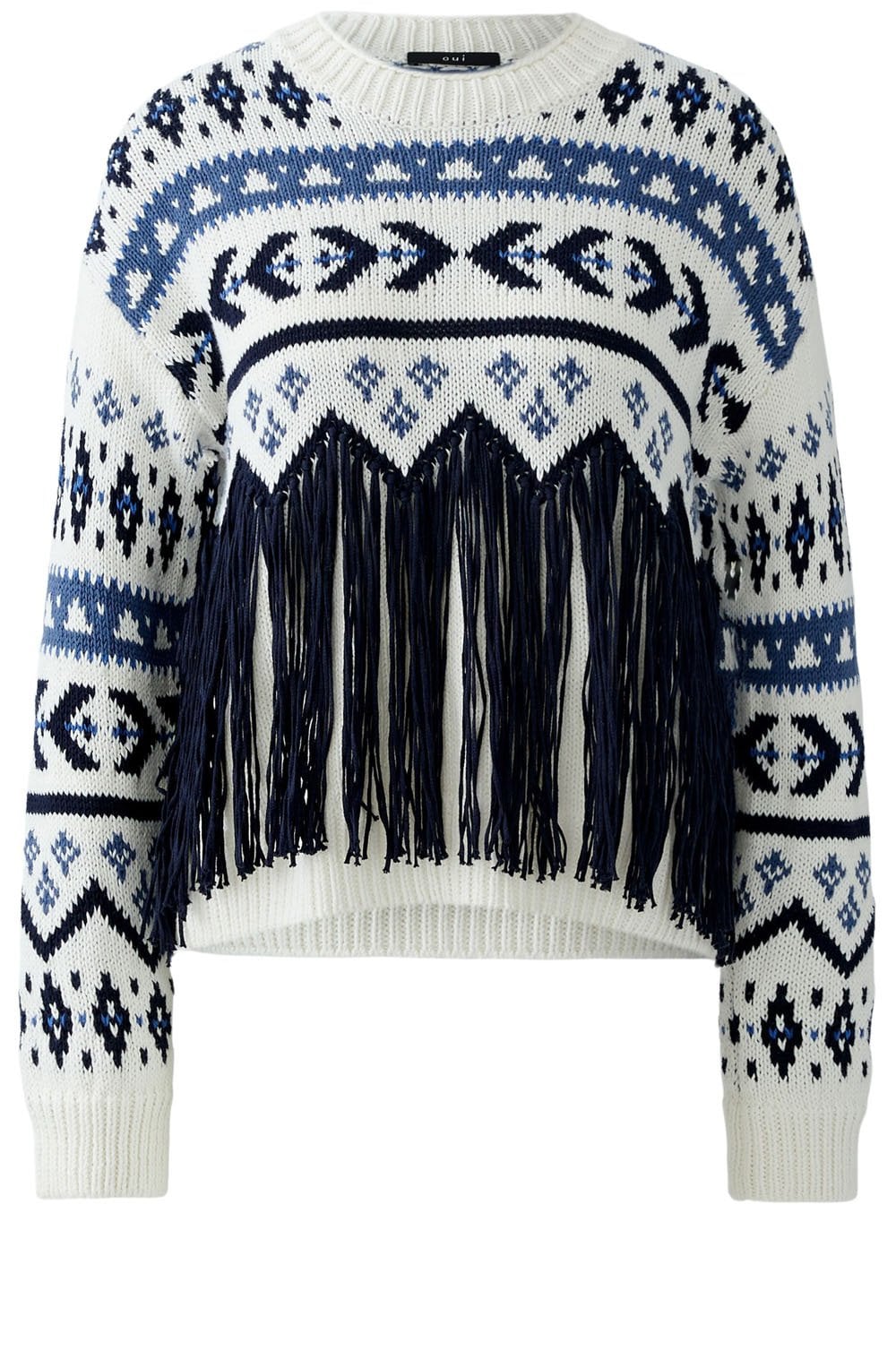 White and Blue Tasselled Motif Jumper