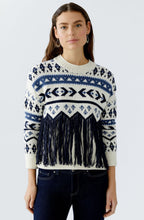 White and Blue Tasselled Motif Jumper