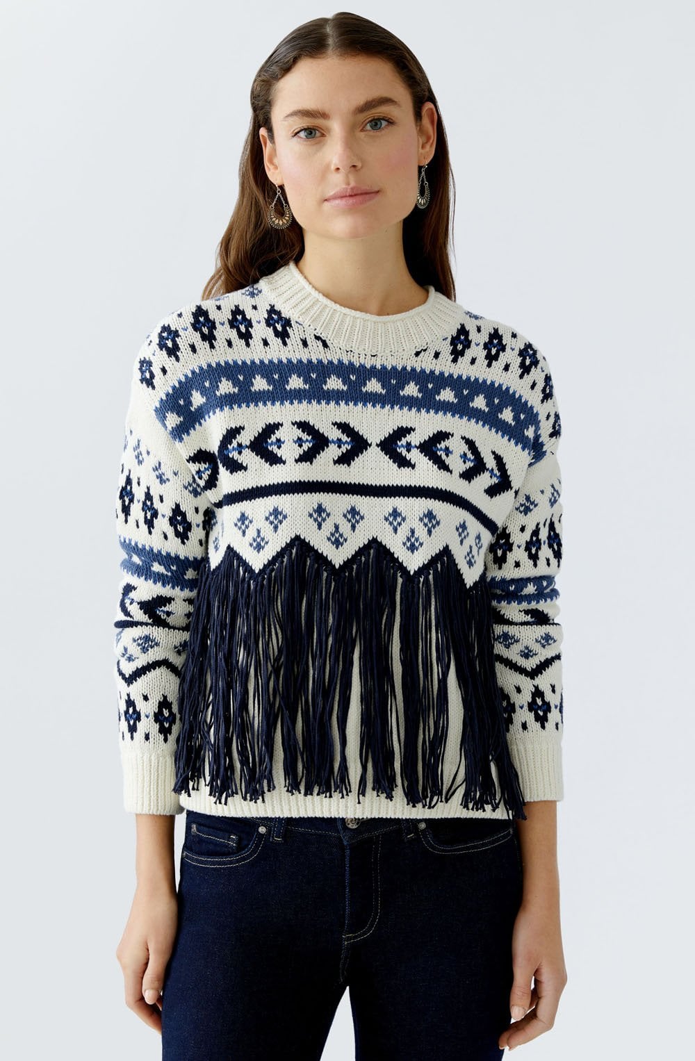 White and Blue Tasselled Motif Jumper