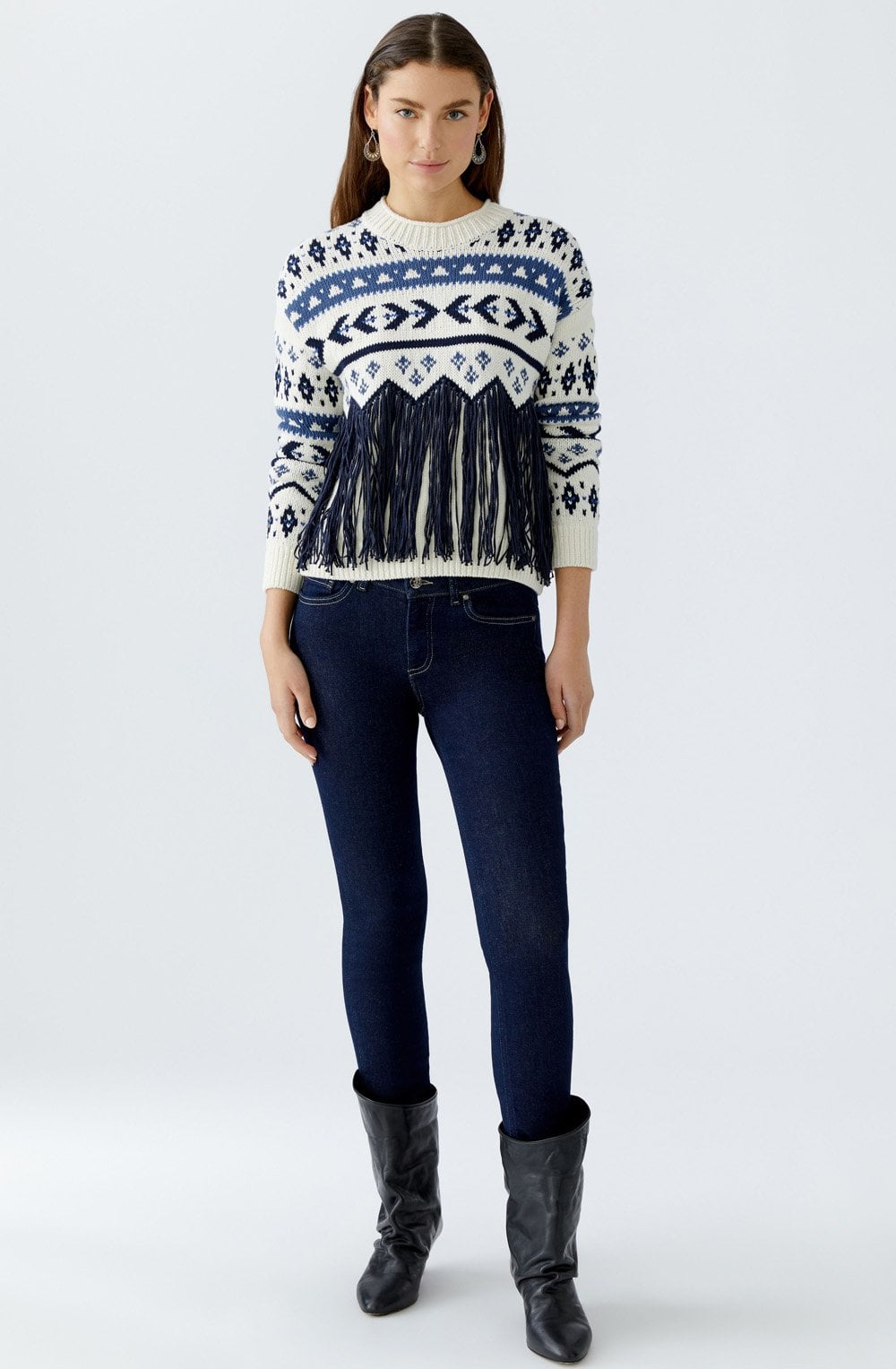 White and Blue Tasselled Motif Jumper