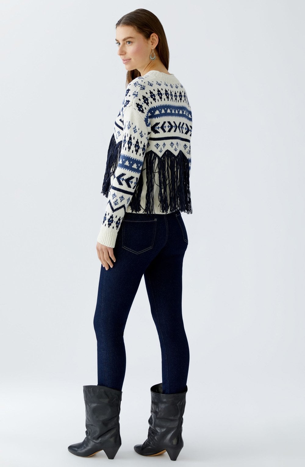 White and Blue Tasselled Motif Jumper