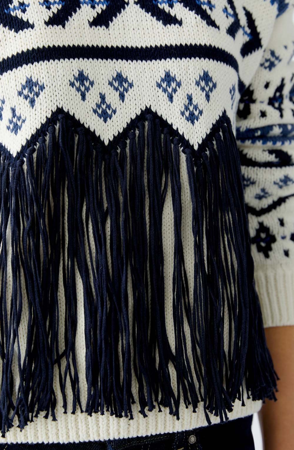 White and Blue Tasselled Motif Jumper