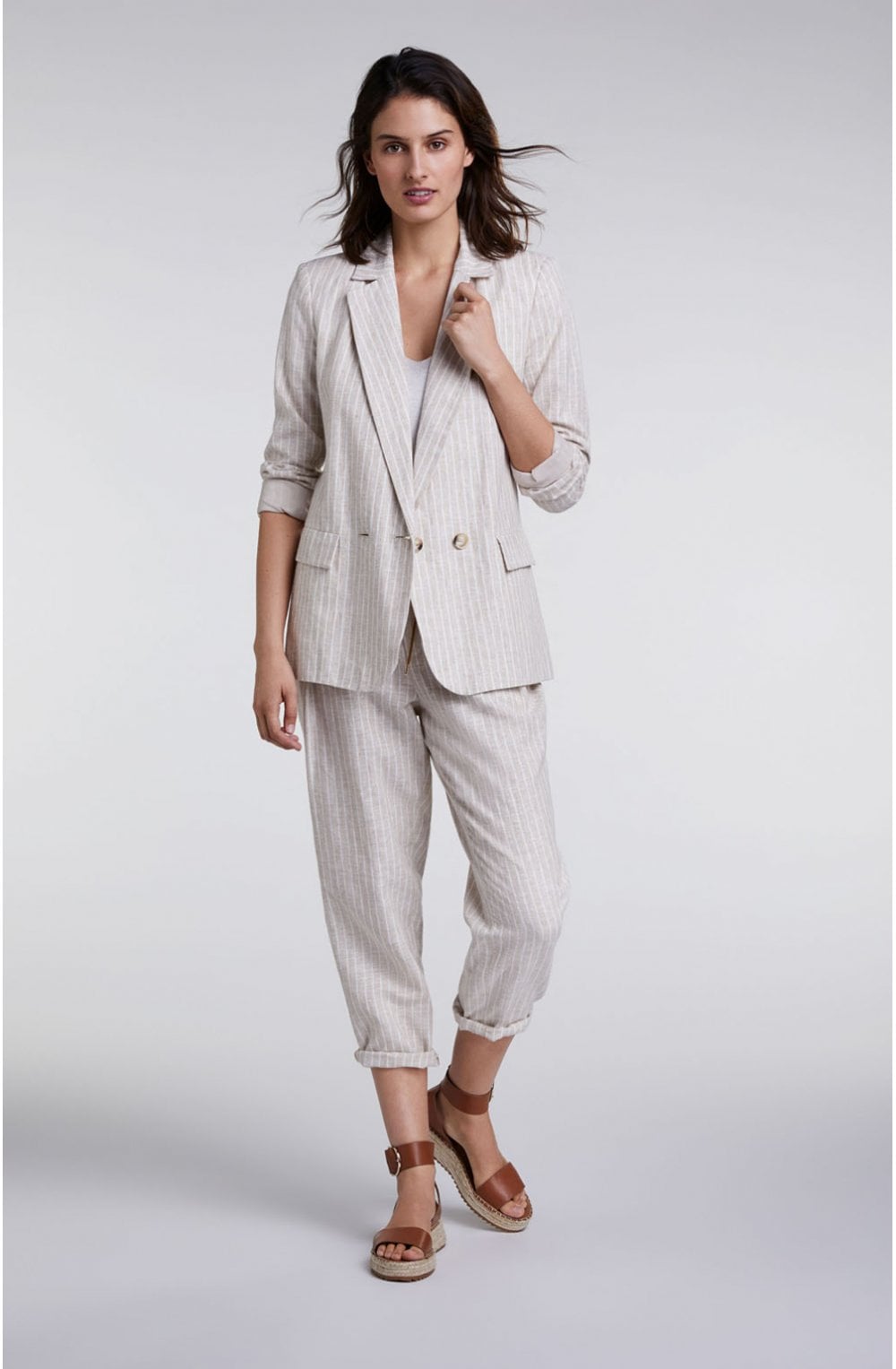 White & Beige Striped Trousers