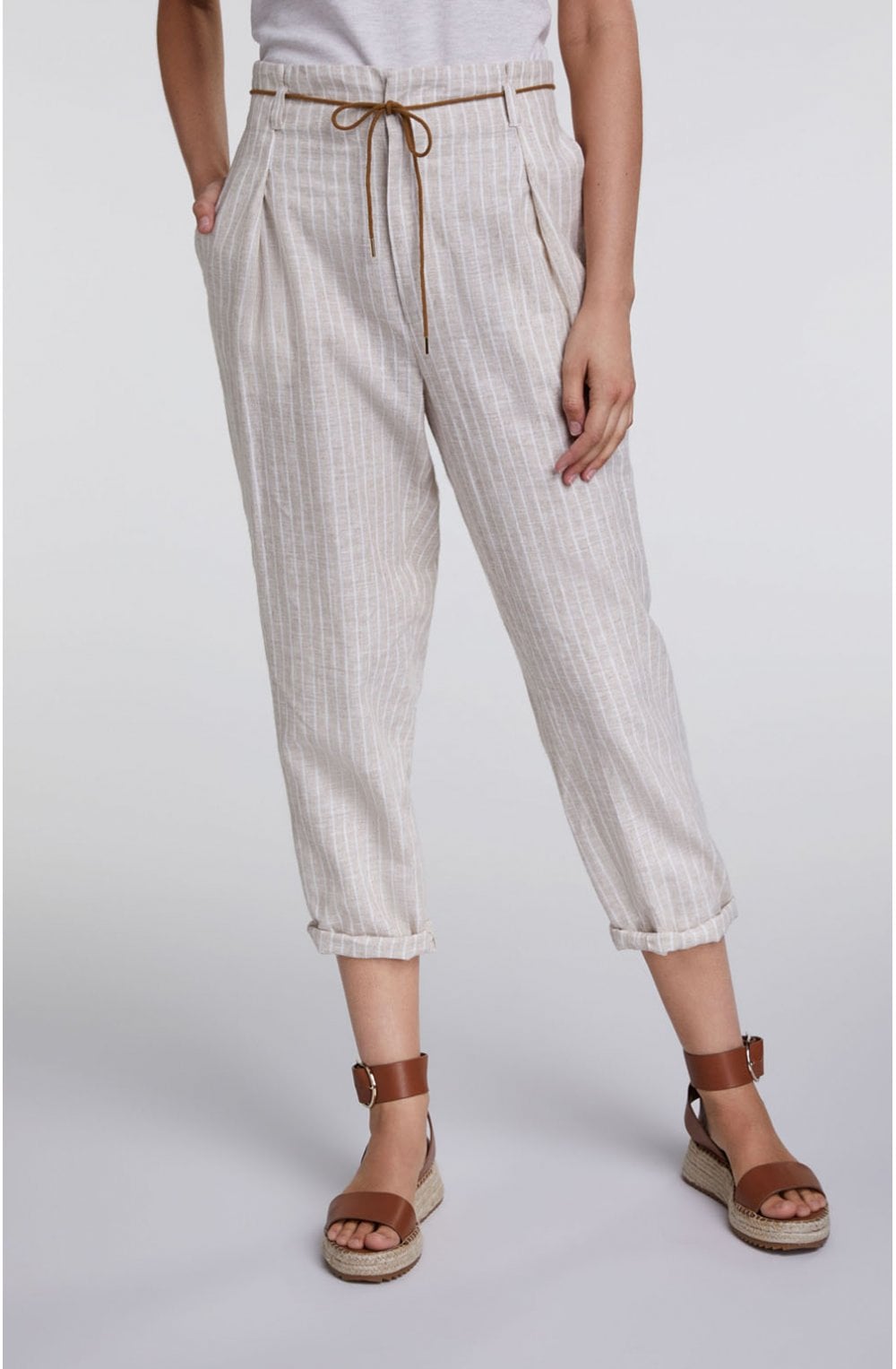 White & Beige Striped Trousers