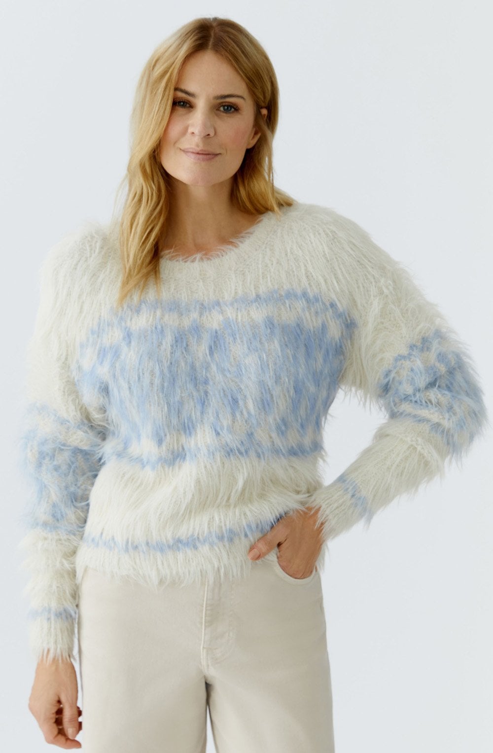 White Blue Patterned Fluffy Jumper