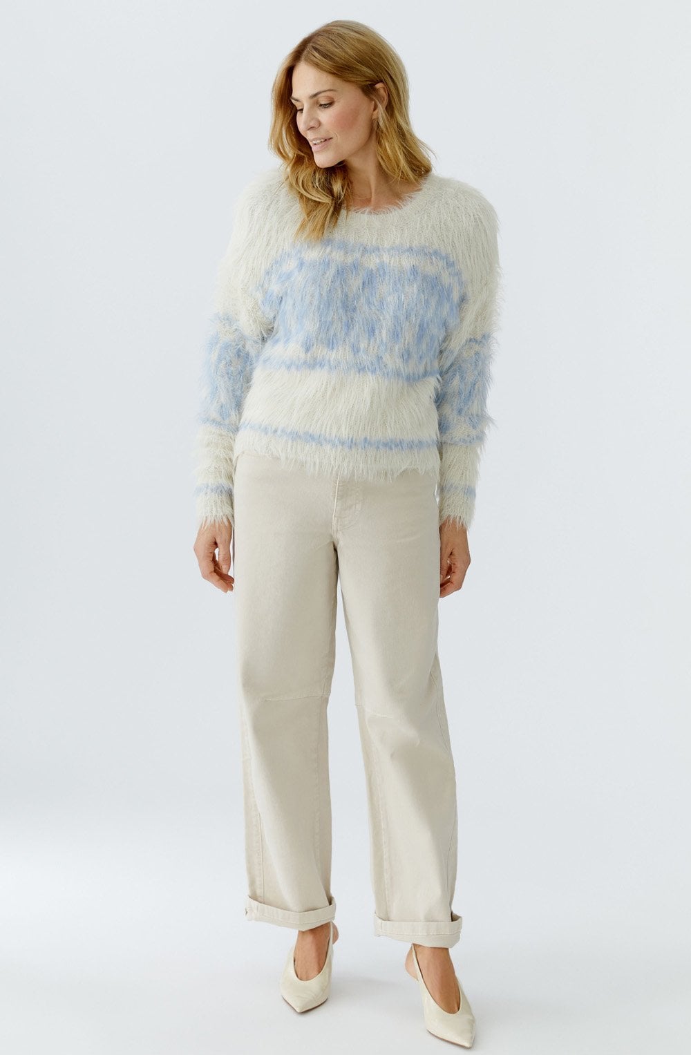 White Blue Patterned Fluffy Jumper