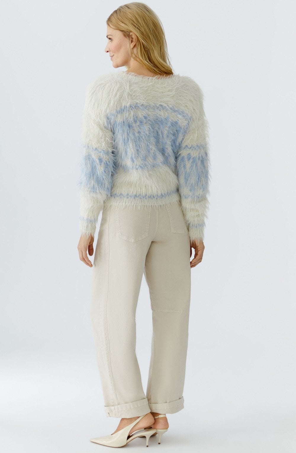White Blue Patterned Fluffy Jumper