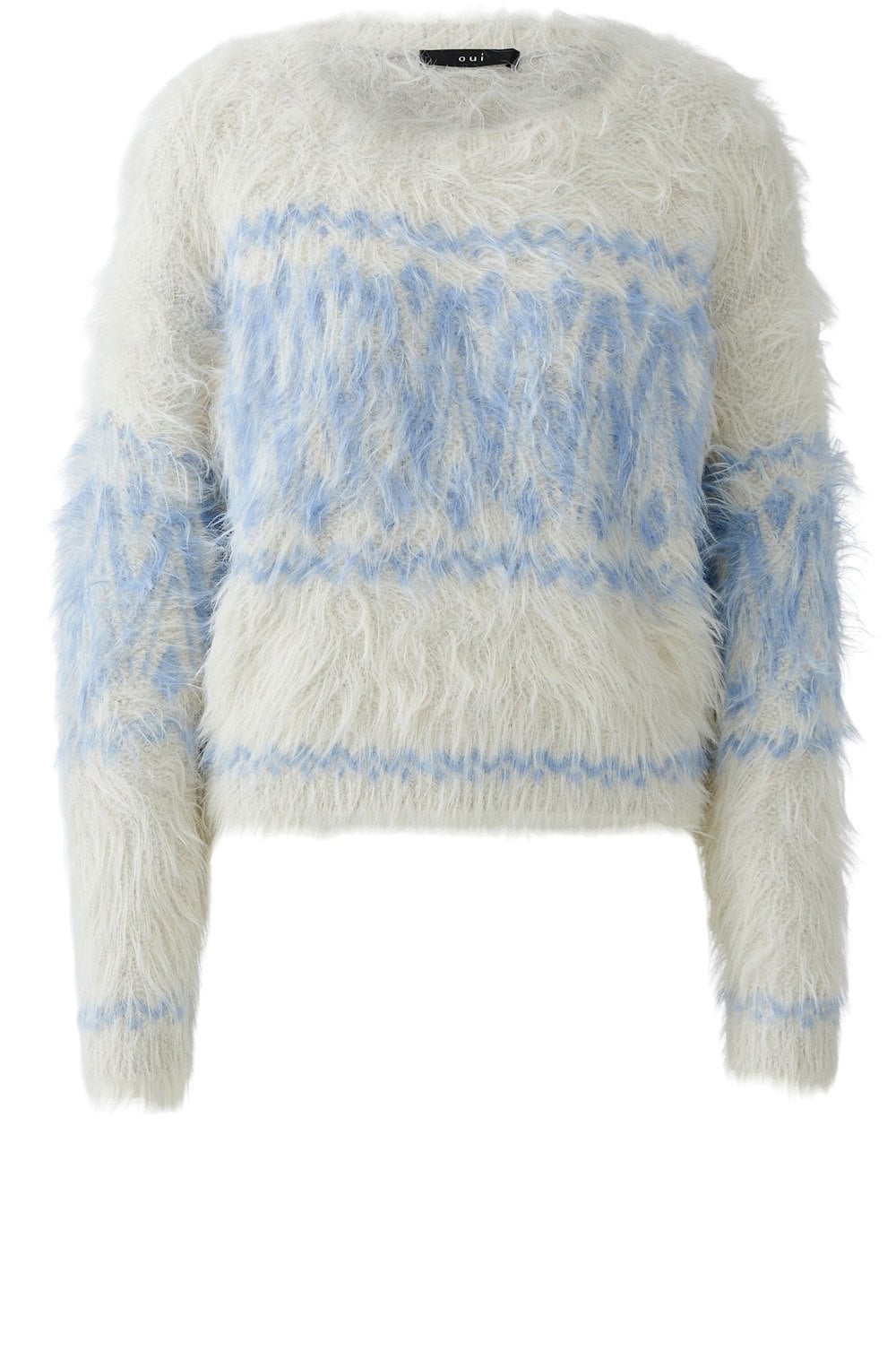White Blue Patterned Fluffy Jumper