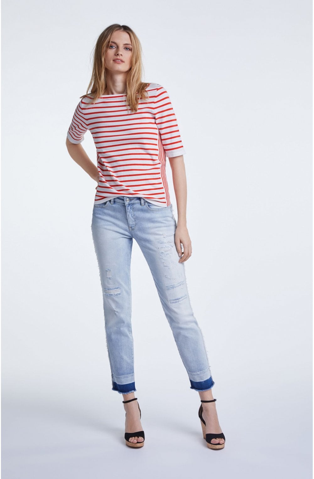 White & Red Striped Knit Top