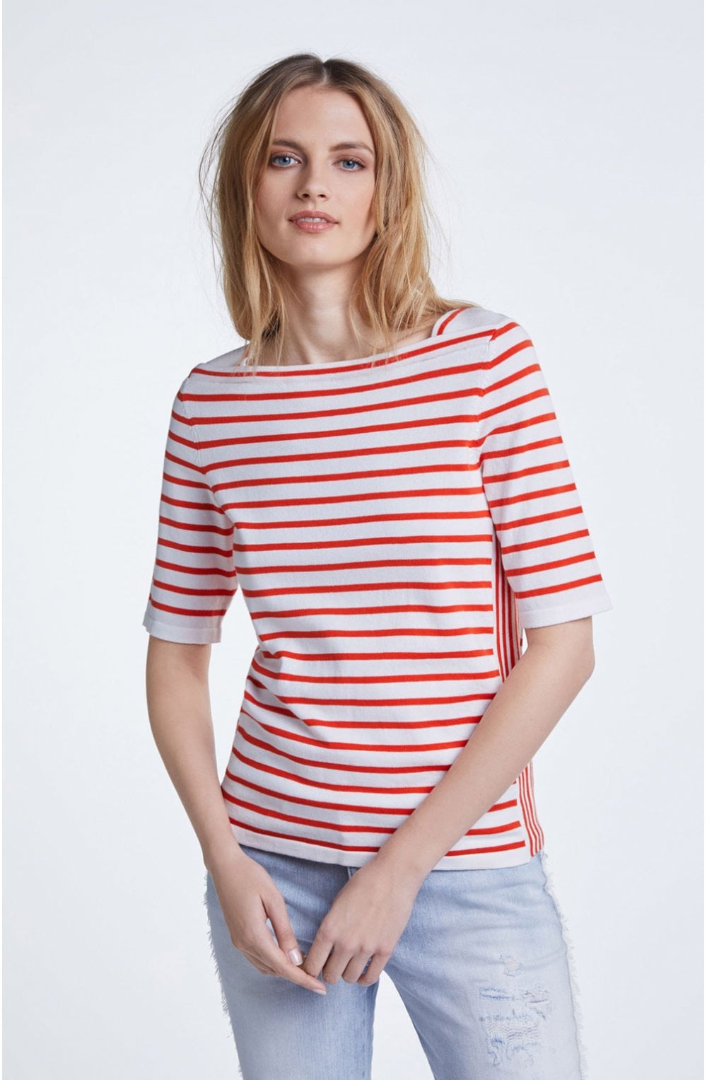 White & Red Striped Knit Top