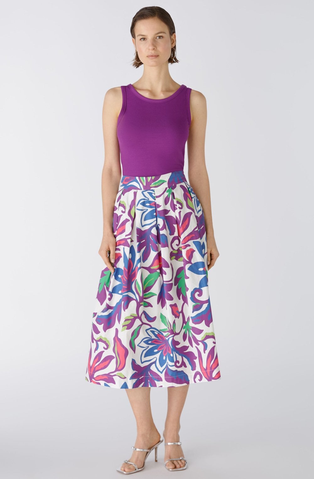 White Violet Floral Cotton Midi Skirt