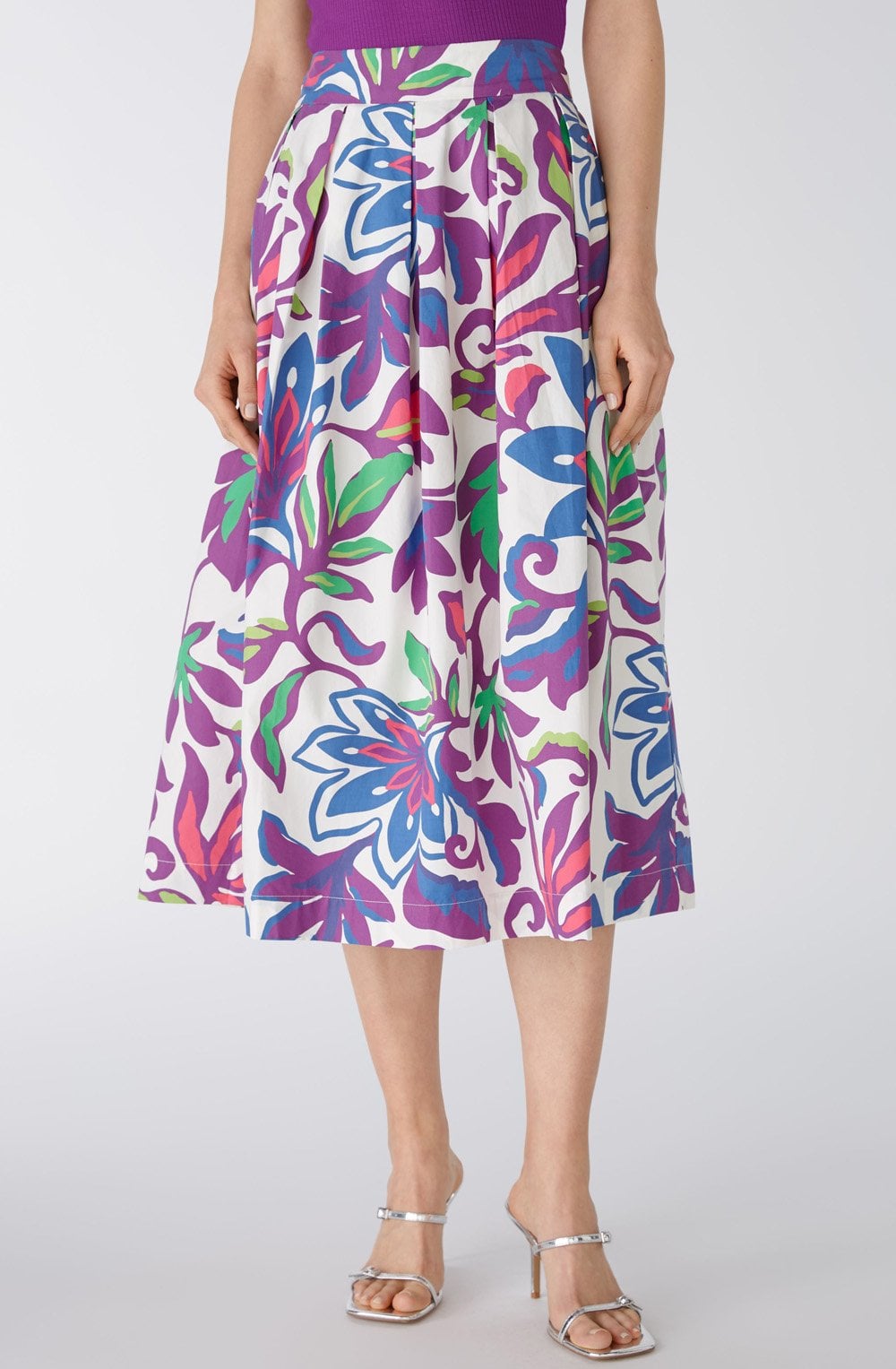White Violet Floral Cotton Midi Skirt