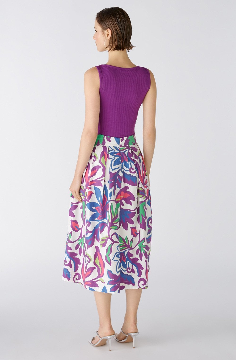 White Violet Floral Cotton Midi Skirt